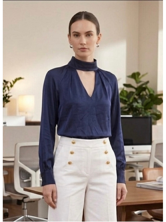 Trina Turk Tops - Trina Turk Luxe Silk Keyhole Cutout Long Sleeve Blouse in Navy Blue Size Small